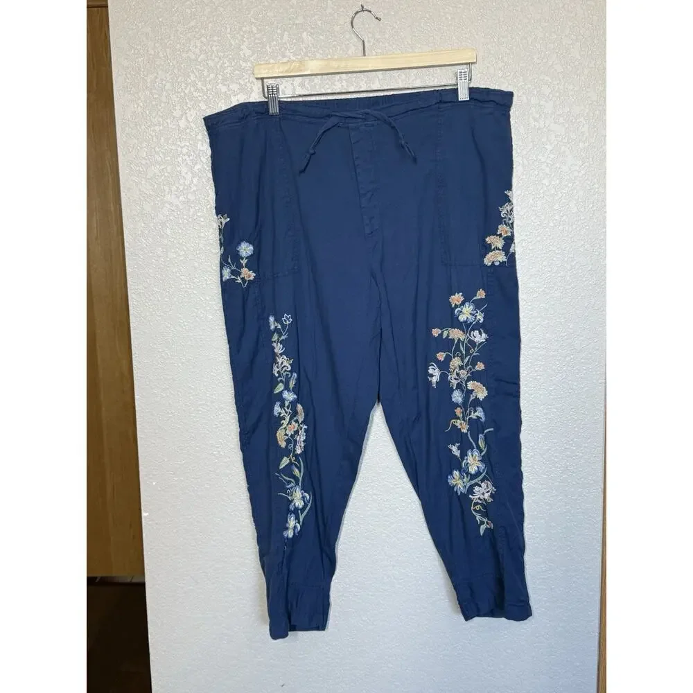 Sundance Embroidered Tie Waist Ankle Pants Size XL Blue Floral